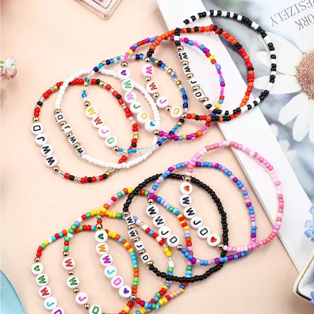 Multicolor Beaded Initial Charm Bracelet 2 pieces Set - Women Jewelry